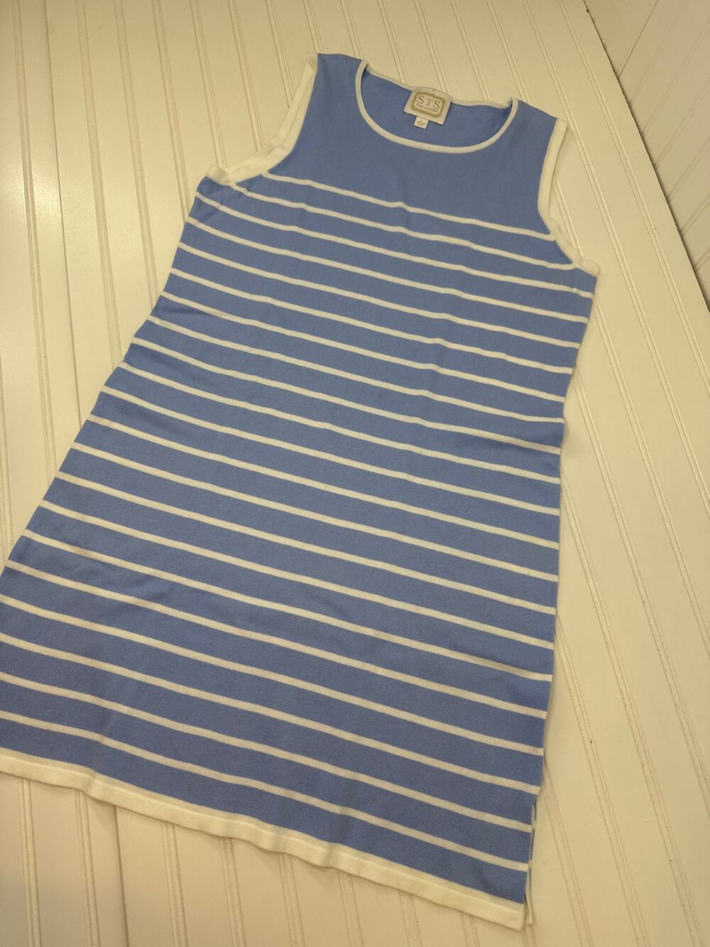 STS Sail to Sable Blue White Striped Sleeveless Mini Dress Nautical Knit Size L